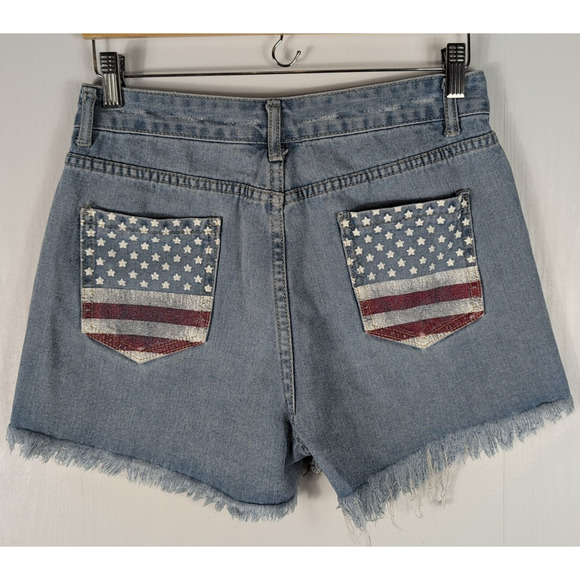 Women's Blue Denim Shorts American Flag Distressed Cut-Off USA Cheeky Size Small - Picture 1 of 9